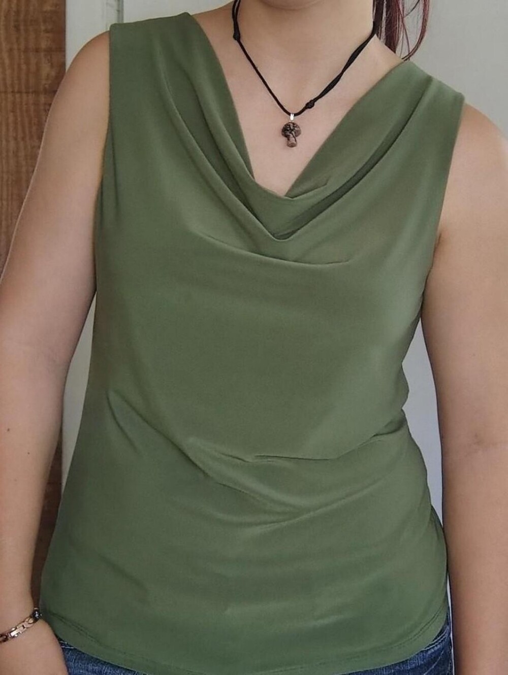 dark green sleeveless 90s style blouse with a ruched neckline - Picture 2 of 4